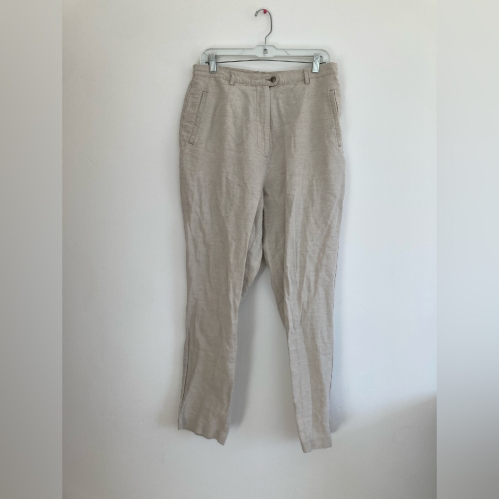 LL Bean Linen Blend Cream Trouser Pants Beach Minimalist Vacation Staple Size 14